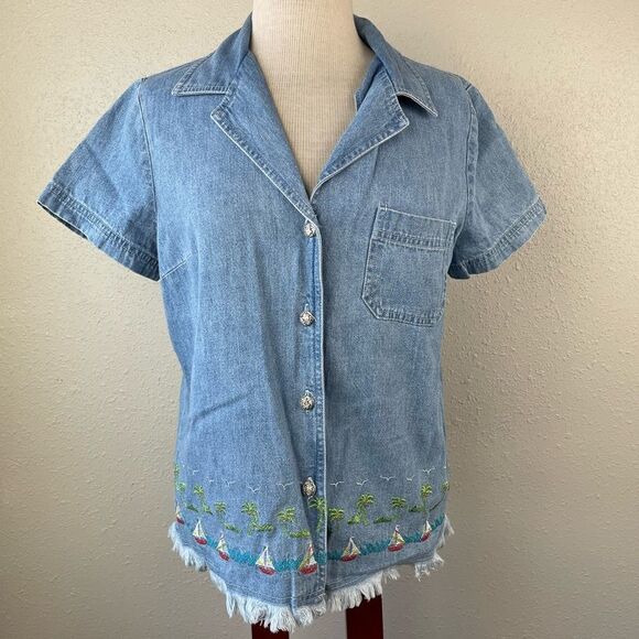 Vintage Studio Ease Tropical Denim Button Down Shirt and Matching Dress Size 8 - Picture 1 of 16